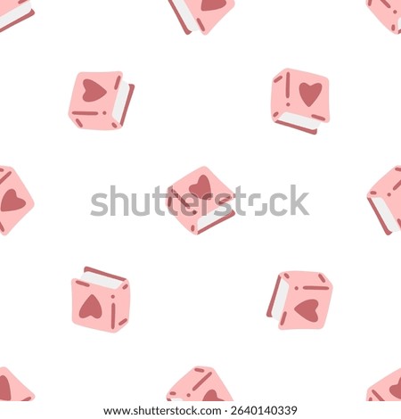 Seamless Pink Book Heart Pattern. Cute seamless pattern with pink books decorated with hearts. Flat cartoon style, pastel colors, isolated on white background.

