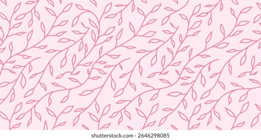 Seamless pink botanical leaf outline pattern. Elegant hand-drawn foliage vector for feminine design, wedding invitations, textiles, packaging, scrapbooking, and romantic nature-inspired projects.