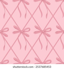 Seamless pink bow pattern with crisscrossing ribbons, creating a delicate and feminine aesthetic, perfect for gift wrap, wallpaper, or textile design, adding a soft, romantic touch