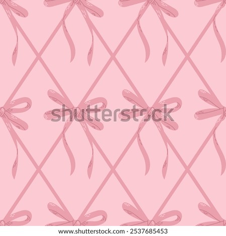 Seamless pink bow pattern with crisscrossing ribbons, creating a delicate and feminine aesthetic, perfect for gift wrap, wallpaper, or textile design, adding a soft, romantic touch