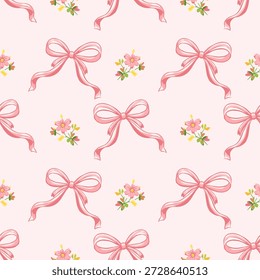 Seamless pink bow pattern with cute ribbon bows and small floral elements on pastel background for gift wrap, fabric, wallpaper and surface design.