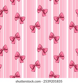 Seamless pink bow pattern on striped pink background, cute ribbon design, soft pink bows illustration repeat background, pastel pink stripes girly decoration vector pattern, wallpaper print for girls