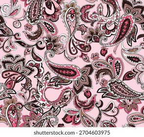 Patrón de paisley rosa y marrón sin fisuras sobre un fondo rosa claro. Motivo tradicional de flores de batik para tejidos textiles.