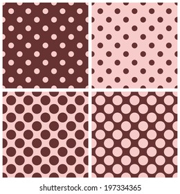 Seamless pink and brown vector pattern set with colorful small and big polka dots on chocolate brown background.