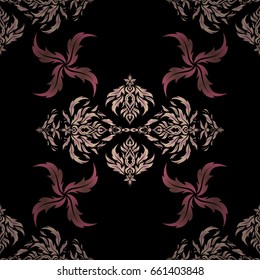 Seamless pink and brown vintage pattern on black background. Vector old moroccan, arabian and turkish ornaments.