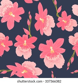 Seamless pink cambria orchid flower pattern on pale dark blue background