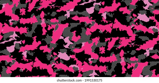 Seamless Pink Camouflage abstract pattern, Military Camouflage repeat pattern design for Army background, printing clothes, fabrics, sport t-shirts jersey, web banners, posters, cards and wallpapers