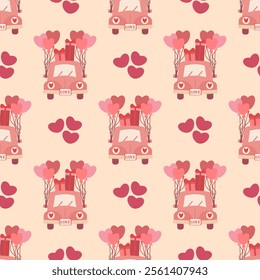 Seamless pink cars with balloons pattern featuring Valentine's Day mail. Includes simple opened and closed envelopes adorned with hearts. Perfect holiday background for wrapping paper, textiles