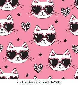 seamless pink cat with leopard print pattern vector illustration