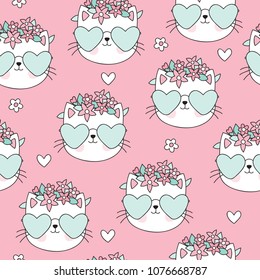 seamless pink cat pattern vector illustration