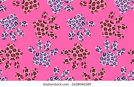 seamless pink cat paw print pattern with leopard texture – trendy girly background for kids fashion, textile, wrapping, nursery room, cute modern design