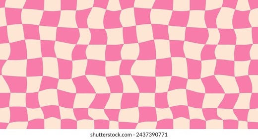 Seamless pink checkerboard pattern. Repeating distorted checkered texture. Groovy trippy abstract background. Vintage retro style wallpaper for textile, fabric, wrapping paper. Vector check surface