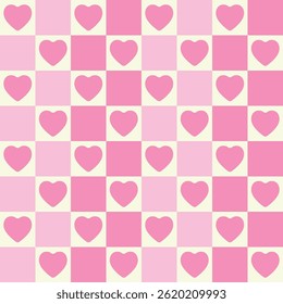 Seamless pink checkerboard pattern with tiny hearts inside grid squares. Ideal for packaging, textiles, baby products, Valentine's, wrapping paper, cute branding, scrapbooking, and digital projects