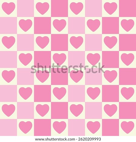 Seamless pink checkerboard pattern with tiny hearts inside grid squares. Ideal for packaging, textiles, baby products, Valentine's, wrapping paper, cute branding, scrapbooking, and digital projects