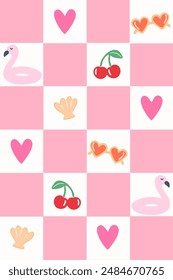 Seamless pink checkered background with summer items such as flamingo, cherry, seashell, summer heart glass in cartoon style. Cute trendy design. Vector funky illustration. 