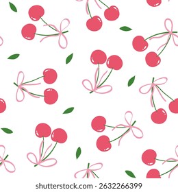 Seamless pink cherries and bows pattern. Vector illustration for fabric, home décor and textile.