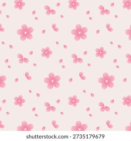 Seamless pink cherry blossom pattern with sakura flowers and petals. Soft pastel background. Romantic spring floral design for wallpaper, fabric, wrapping paper, feminine branding, and elegant design.