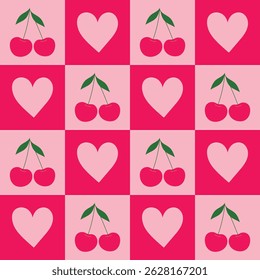 Seamless Pink Cherry and Heart Pattern. Cute Valentine's Day Love Background for Fabric, Wallpaper, Digital Paper. Illustration vector 10 eps.