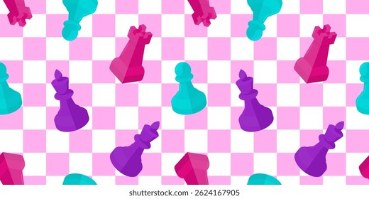seamless pink chessboard pattern with vibrant vector pieces – fun modern web design for chess day, kids games, backgrounds, decor and tournament promotions