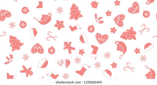 Seamless of pink christmas elements on white background. Vector illustration.