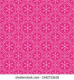 Seamless pink christmas pattern in retro style. Christmas, winter, new year concept. Background pattern with snowflakes. Holiday wrapping paper. Vector.