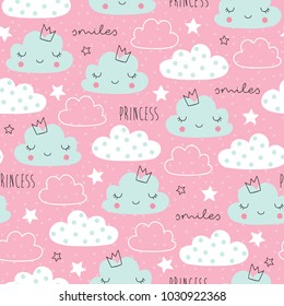 seamless pink clouds stars pattern vector illustration