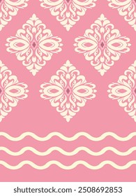 A seamless pink and cream damask pattern with elegant floral motifs. The design features intricate, symmetrical elements and wave-like accents, perfect for fabric, wallpaper, or home decor.