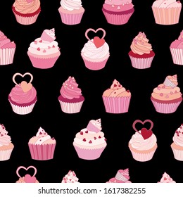 Seamless Pink Cupcake Vector. Heart Valentine Illustration Pattern.