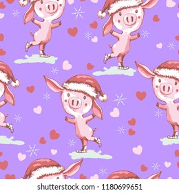 Seamless pink cute piggy in a Santa Claus hat and in skates on a lilac background surrounded by hearts and snowflakes.