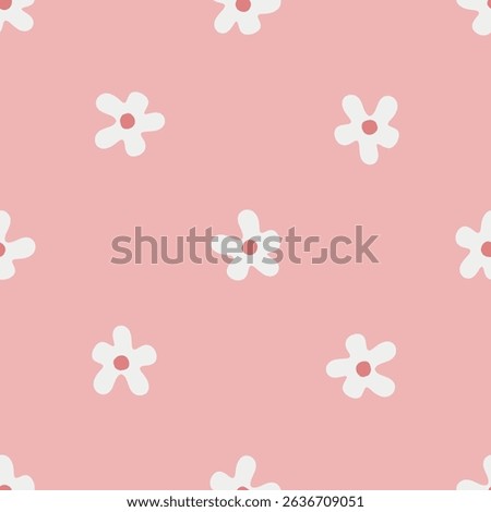 Seamless Pink Dainty Flower Pattern. Seamless floral pattern with soft white flowers and pink dots on a pastel pink background. Flat cartoon style, gentle and minimal design.
