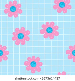 Seamless Pink Daisy Floral Pattern on Blue Grid Background  
