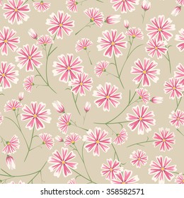Seamless pink daisy flower pattern on beige background.
