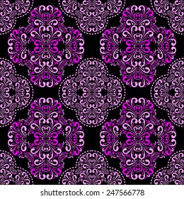 Seamless pink damask Pattern on black for design. 