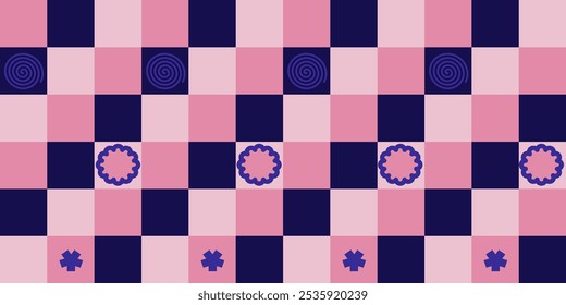 Seamless pink and dark blue checkered pattern with various shape