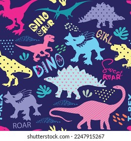 Seamless  pink Dino pattern, print for T-shirts, textiles, wrapping paper, web. Original design with t-rex,dinosaur.  grunge design for girls . 