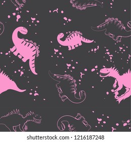 Seamless pink dinosaur pattern. The contour of the silhouettes and shapes of dinosaurs. Vector illustration of children's fashion