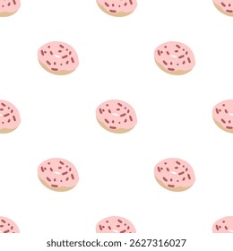 Padrão de rosquinha rosa sem costura com rosquinhas estilo desenho animado coberto de esmalte rosa e polvilhos, uniformemente espaçados sobre fundo branco em estilo plano mínimo.