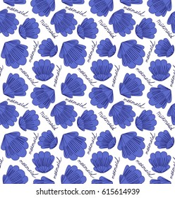 Seamless pink doodle pattern with light blue seashells and cursive word “mermaid”