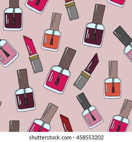 Seamless pink fashion vector pattern with hand drawn nail polish and lipstick illustrations 