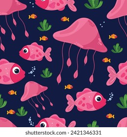 Seamless pink fish and jellyfish pattern on dark blue background. Children's cartoon style. For cartoon characters, children's decor, wallpaper.