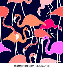Seamless pink flamingo. Abstract vector pattern. Oriental textile collection. On dark blue. Backgrounds & textures shop.