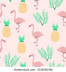 Seamless Pink Flamingos,Leaf and Pineapples Pattern. Vector Illustration EPS 10.