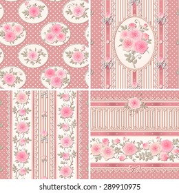 Seamless pink floral backgrounds and borders. Set of shabby chic style patterns with roses, laces and bows. Polka dot and stripes.