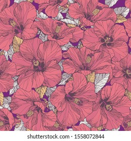 Seamless pink floral pattern with colorful hibiscus flowers