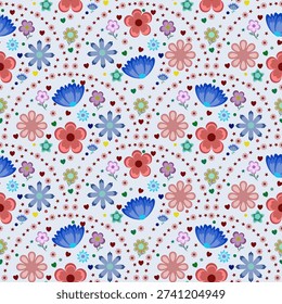 Seamless pink floral pattern with cute cartoon flowers and hearts for spring wallpaper design