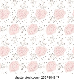 Seamless pink floral pattern with delicate rose and leaf motifs.