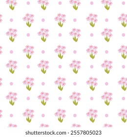 Seamless pink floral pattern with delicate bouquets and polka dots on white background.