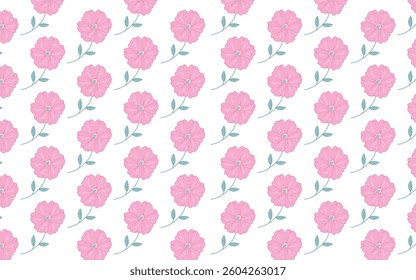 Seamless Pink Floral Pattern with Delicate Leaves on a White Background – Elegant Botanical Design for Fabric, Wallpaper, and Digital Use