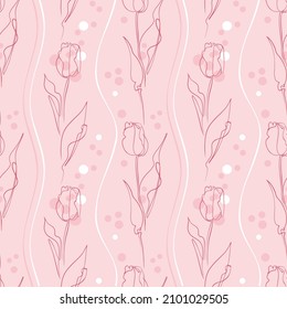 Patrón floral rosado inmaculado. Prado de primavera de tulipanes de flores. Perfecto para tejidos impresos, fondo, papel pintado. Fondo decorativo vectorial para tu diseño. Elegante plantilla para impresiones de moda. EPS 8