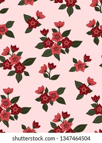 Seamless pink floral pattern with flowers and leaves.  Pretty pattern in small flower. Ditsy floral background. The elegant the template for fashion prints. Hand Drawn Vector Illustration. 